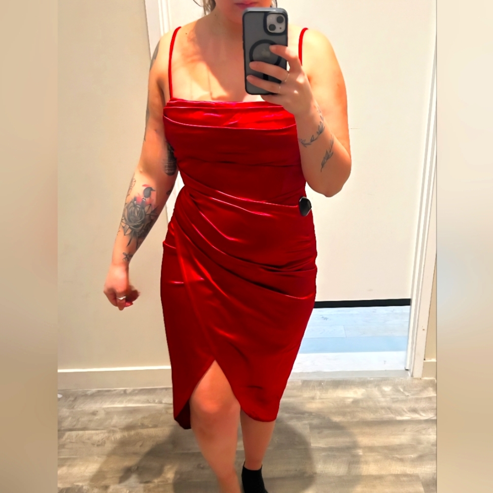 Windsor Red Asymmetrical Ruched Midi Dress
